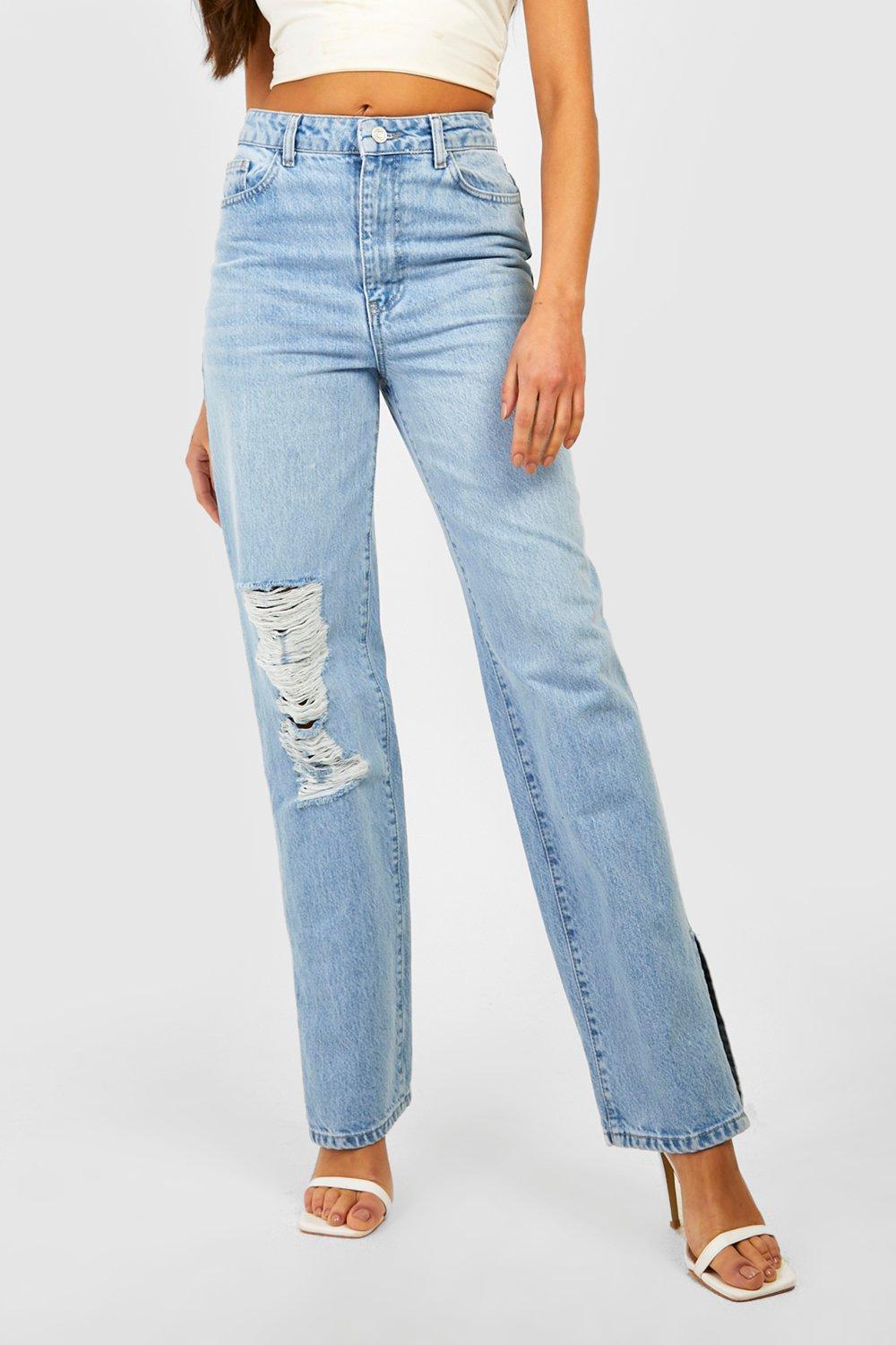Straight Leg Split Hem Women's Jeans Blue - Rebellious Fashion