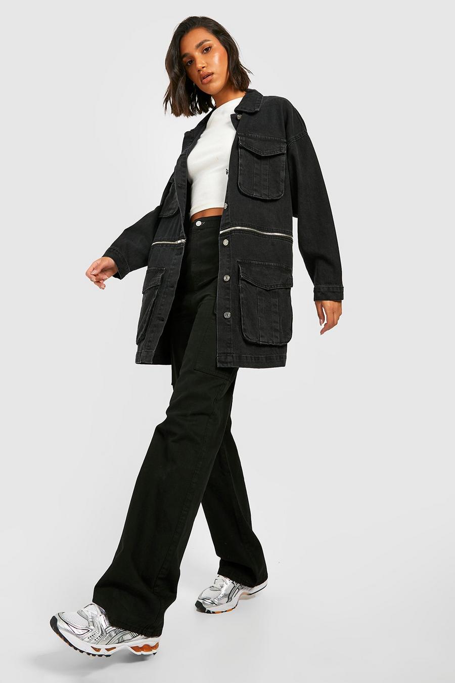 Washed black Oversized Cargo Denim Shacket image number 1