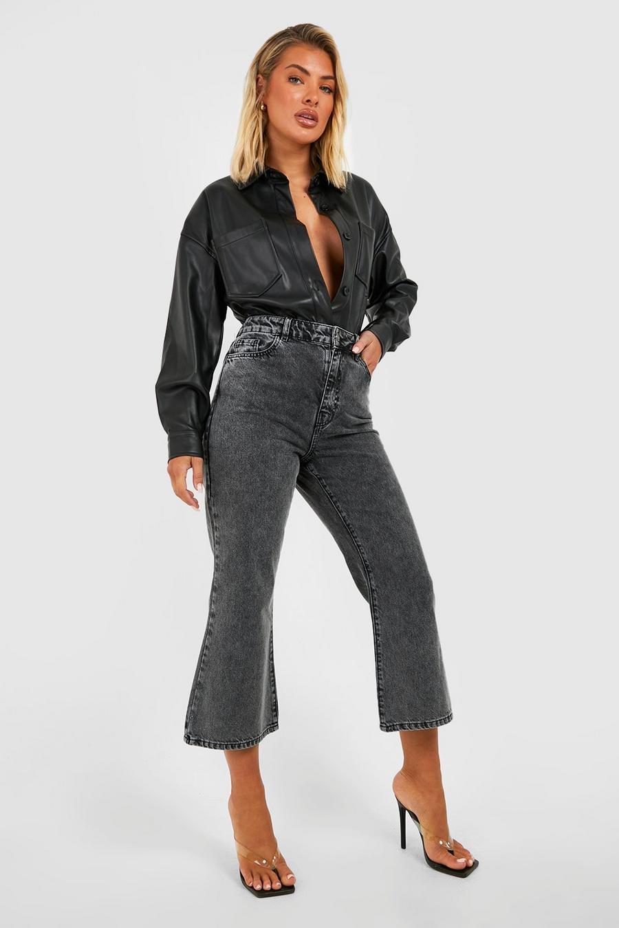 Washed black High Waisted Button Front Kick Flared Jeans image number 1