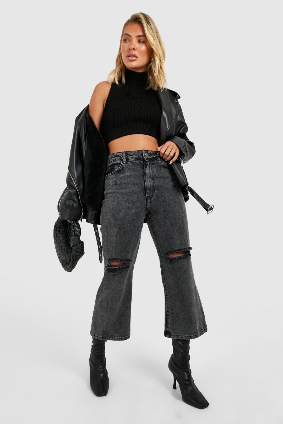 Black schwarz High Waisted Ripped Kick Flared Jeans