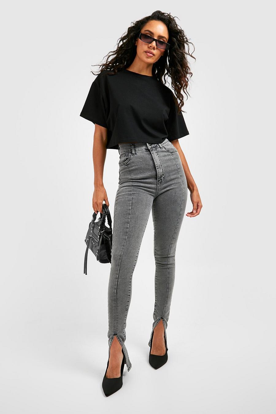 Grey High Waisted Split Front Skinny Jeans