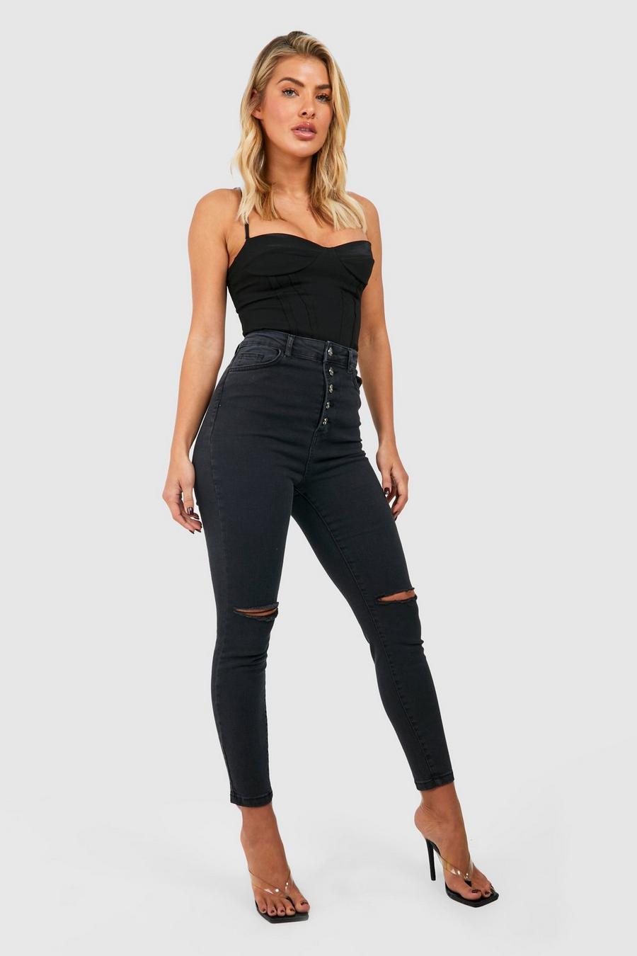 Washed black High Waisted Button Front Ripped Skinny Jeans image number 1