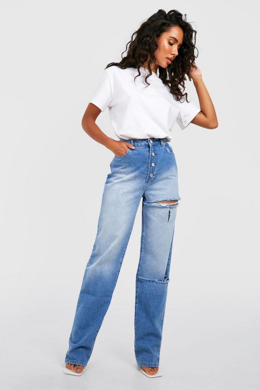 Acid wash light blue Button Front Ripped Straight Fit Jeans