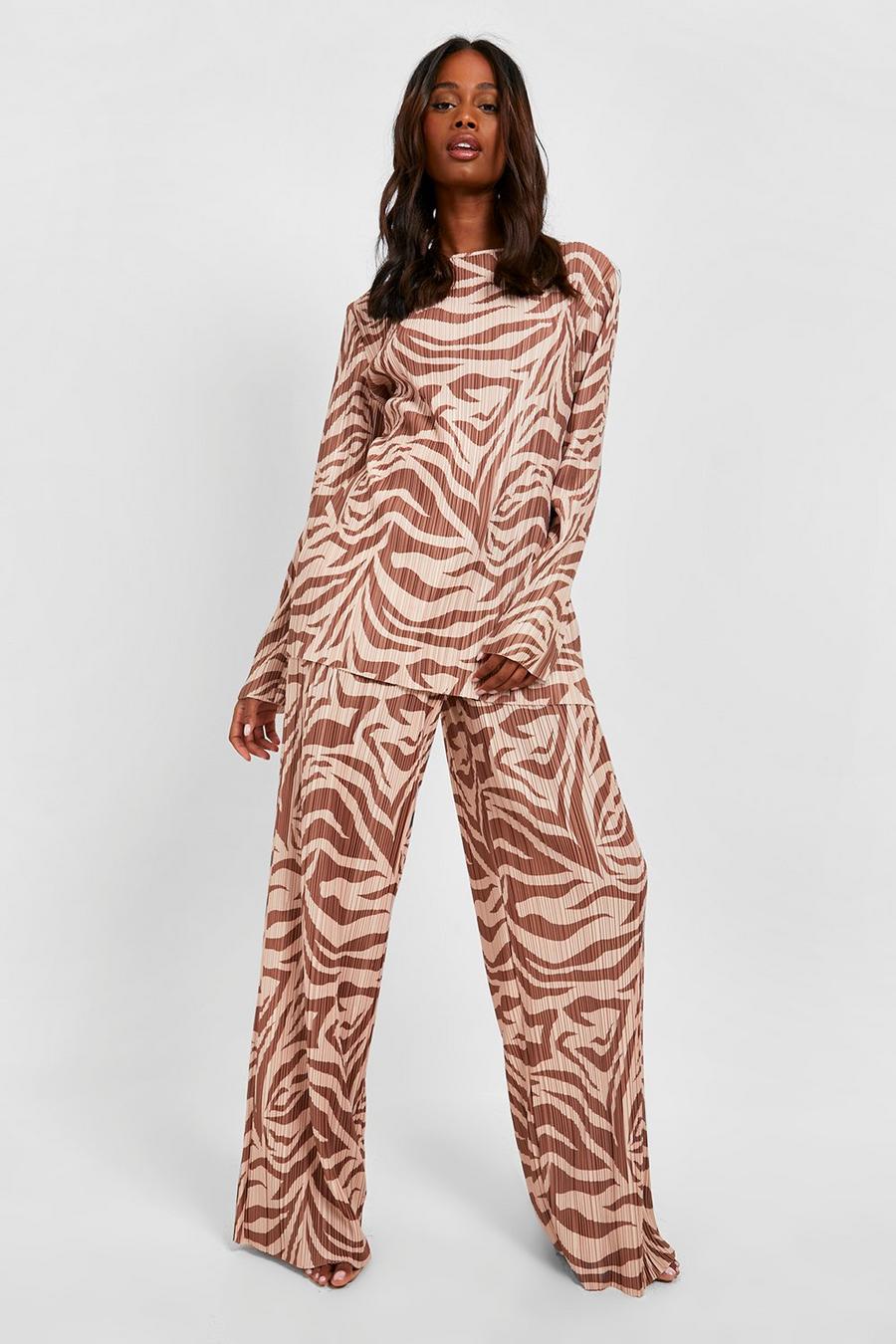 Camel Zebra Print Plisse Wide Leg Trousers image number 1