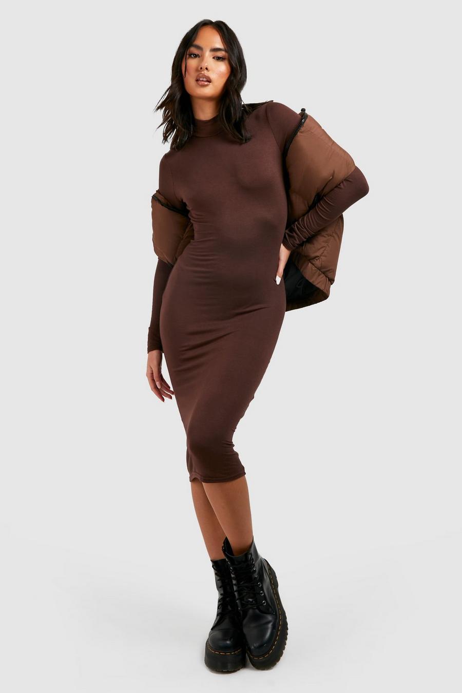 Chocolate brown High Neck Long Sleeve Bodycon Midi Dress
