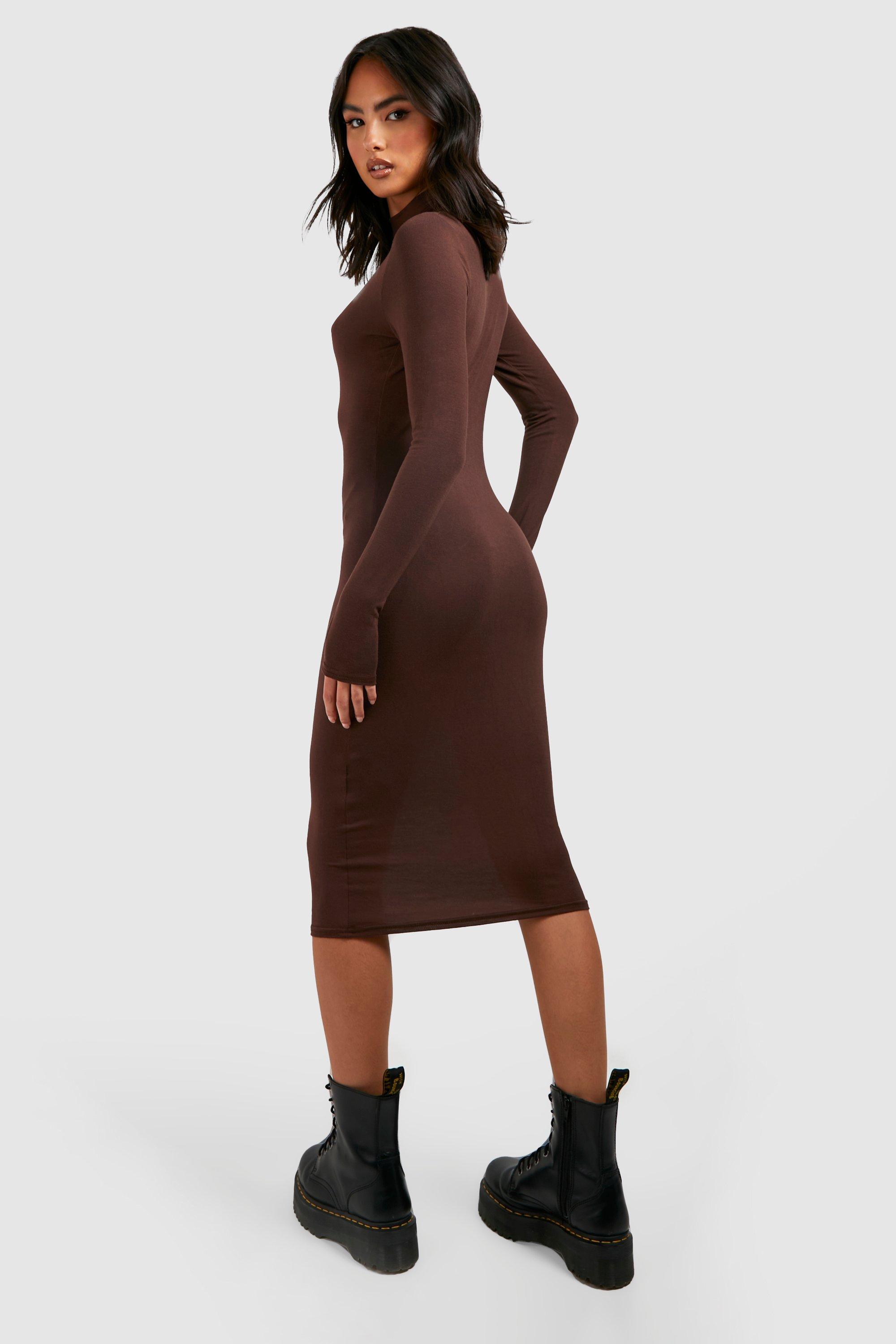 Brown midi dress store with sleeves