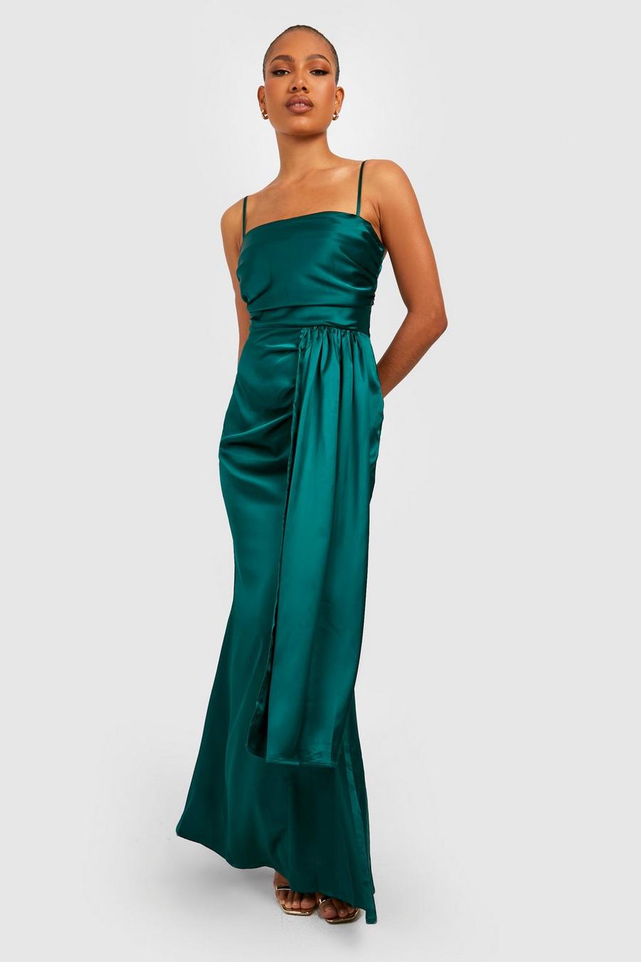 Emerald green Satin Detail Draped Maxi Dress