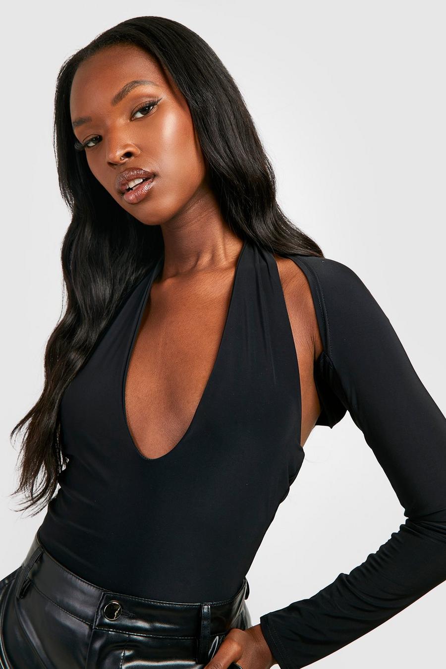 Black Double Layer Slinky Cut Out Plunge Bodysuit image number 1