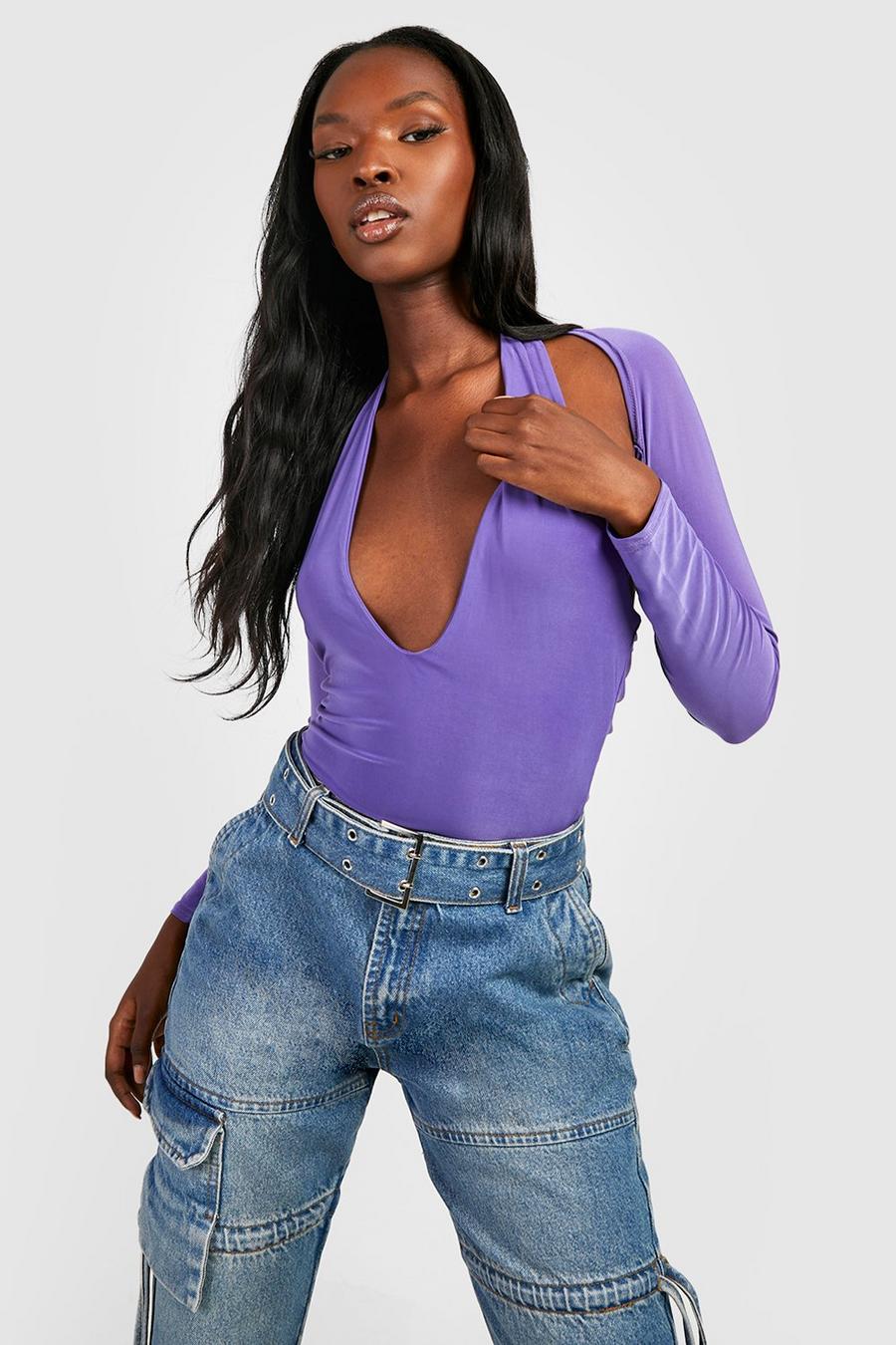 Purple Double Layer Slinky Cut Out Plunge Bodysuit image number 1