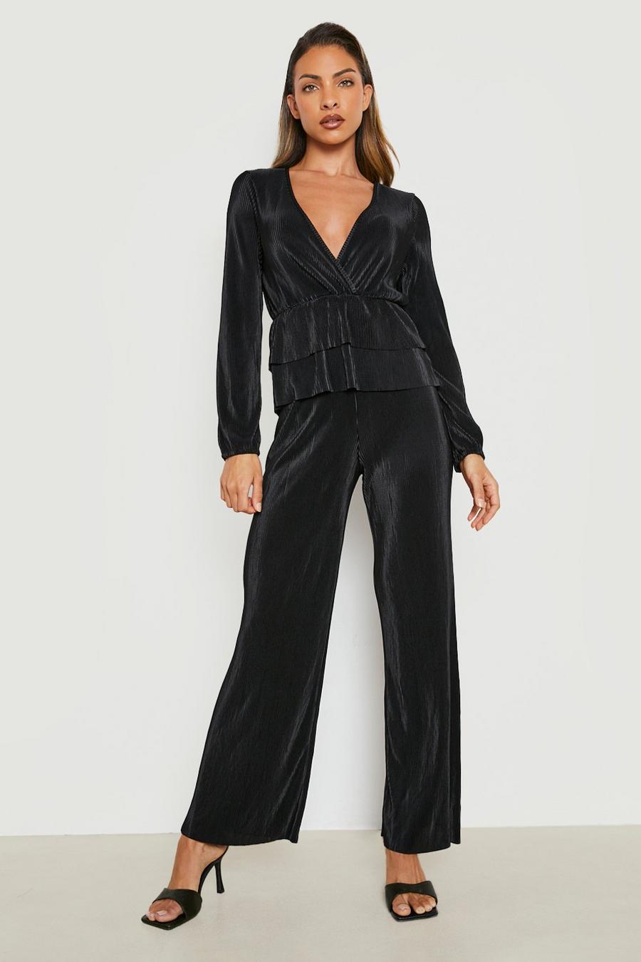 Black Plisse Peplum Top And Trouser Co-ord image number 1