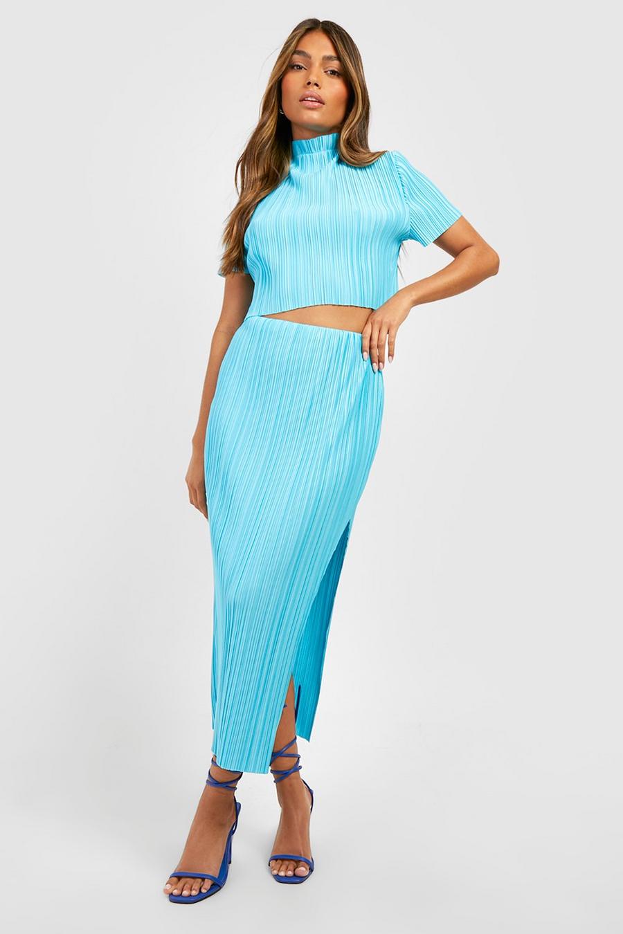 Azure blue Plisse High Neck Crop & Split Maxi Skirt image number 1