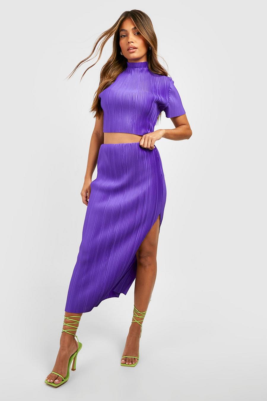 Purple Plisse High Neck Crop & Split Maxi Skirt image number 1