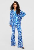 Bright blue Plisse Abstract Wide Leg Trousers