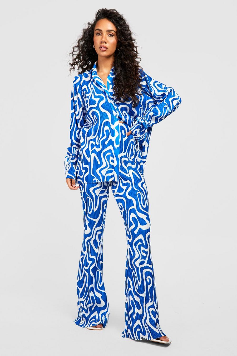 Bright blue Plisse Abstract Wide Leg Pants