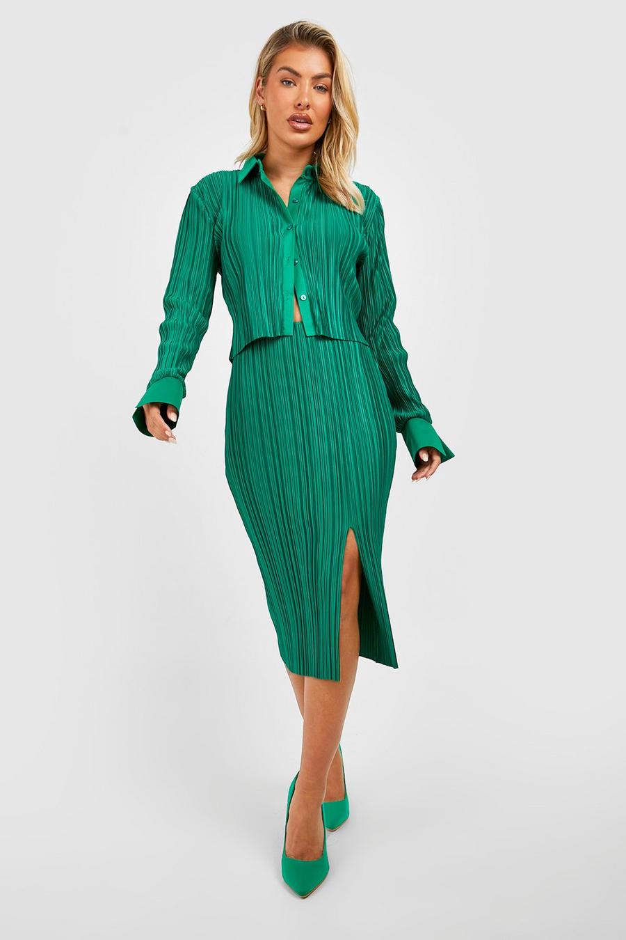 Bright green Plisse Thigh Split High Waist Maxi Skirt image number 1