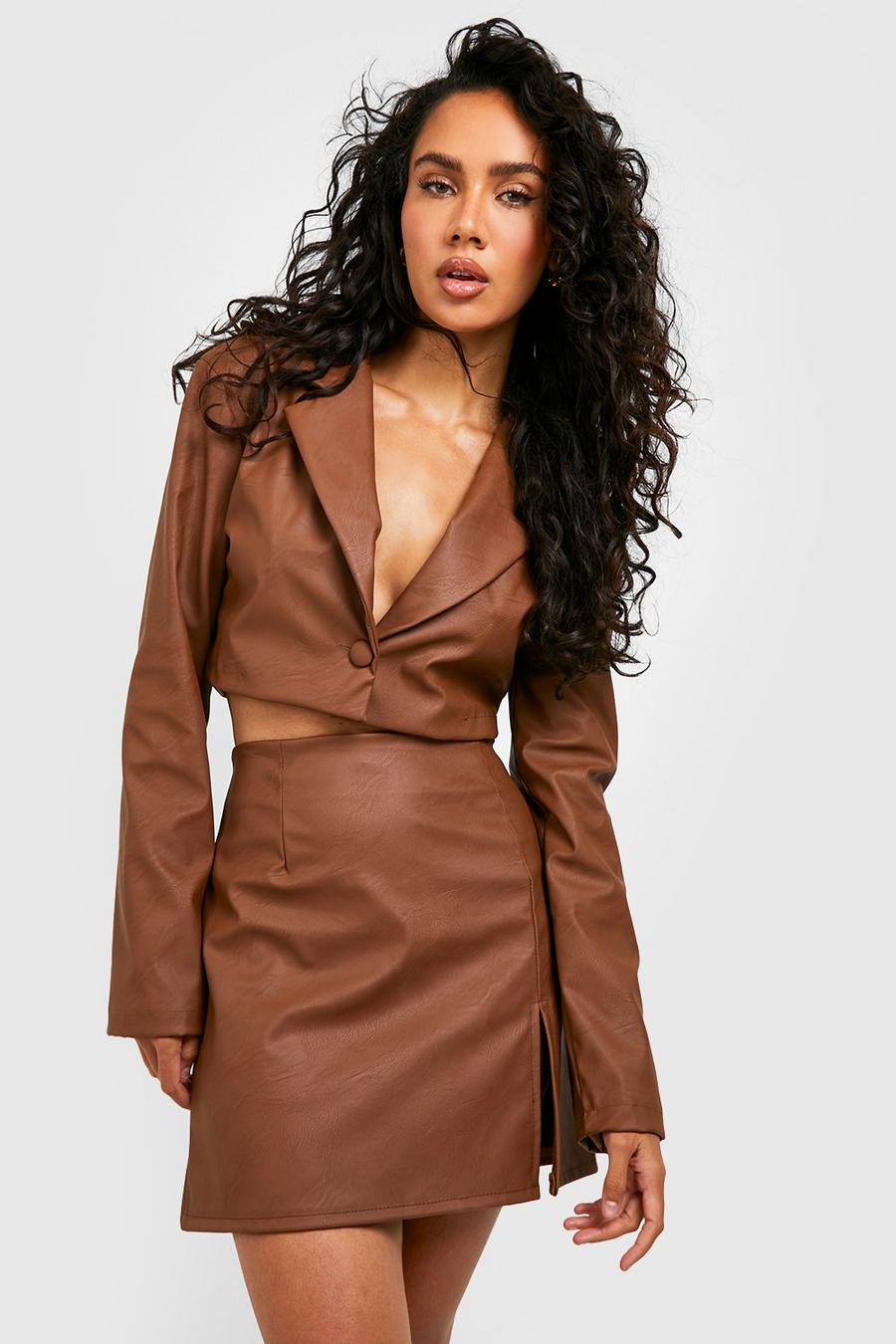 Chocolate Leather Look Cropped Blazer image number 1