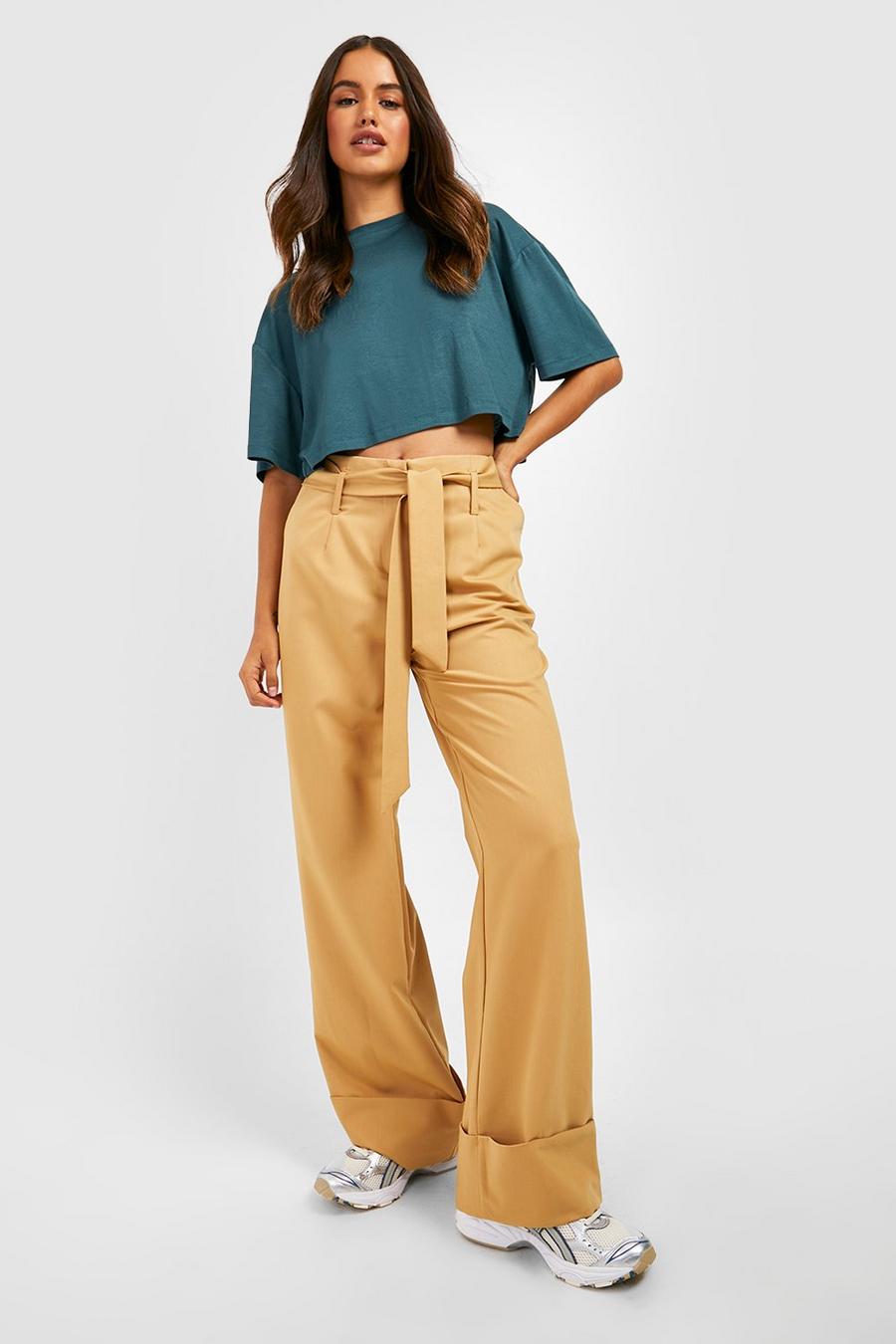 Camel Turn Up Belted Wide Leg Trousers image number 1