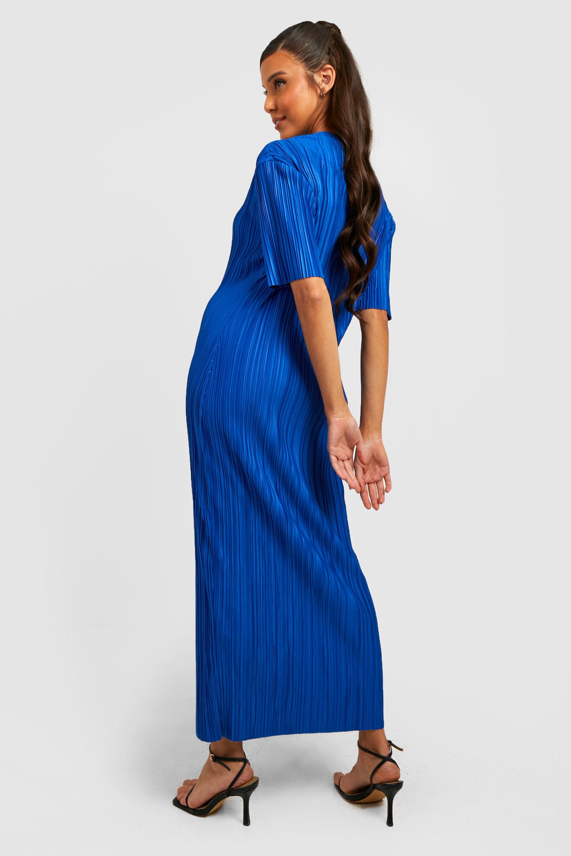 Issey Miyake Pleated Long Sleeve Midi Dress Blue