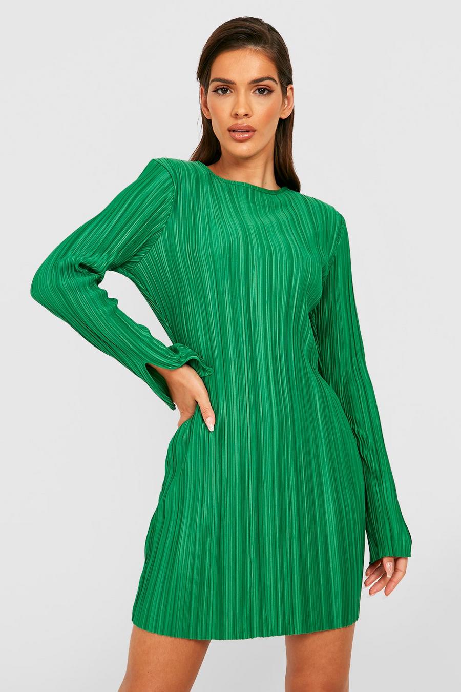 Green Plisse Shoulder Pad Shift Dress image number 1