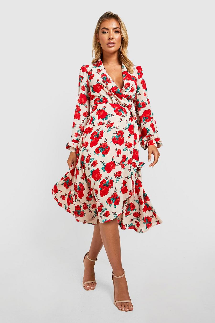 Cream white Floral Wrap Belted Midi Dress