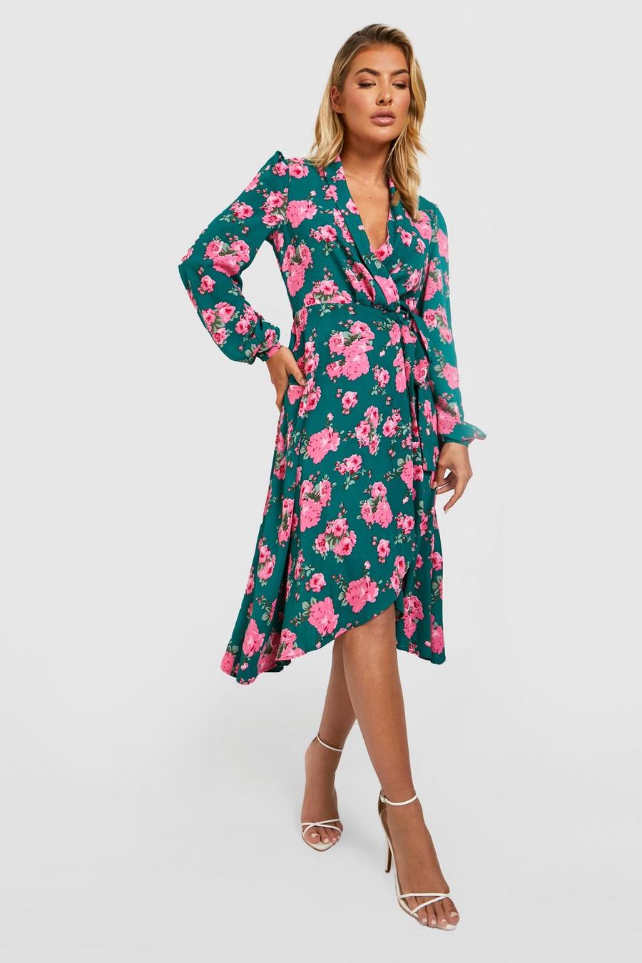 Green Floral Wrap Belted Midi Dress