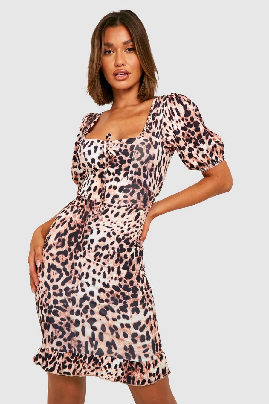 Brown Slinky Leopard Ruffle Mini Dress image number 1