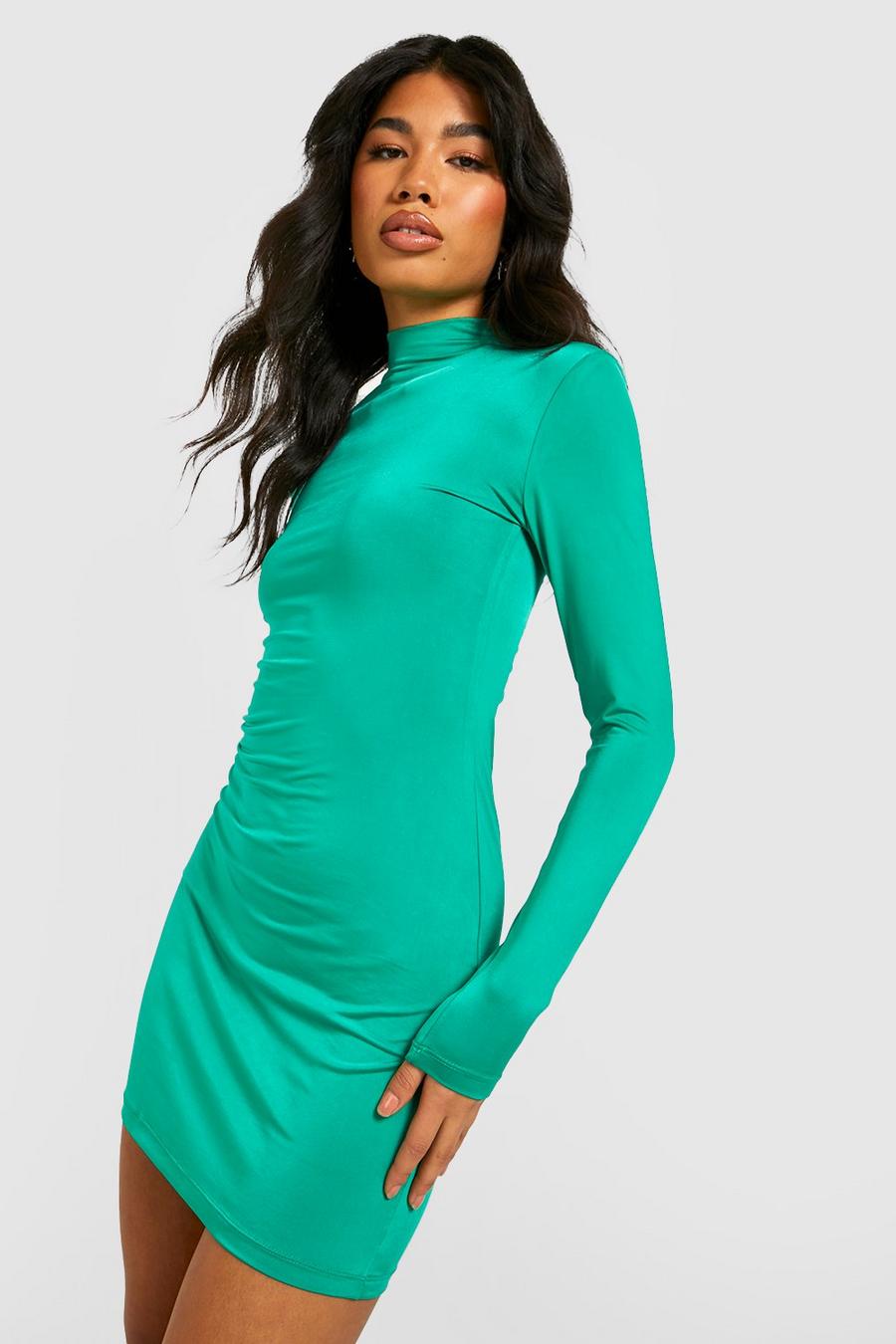 Green Recycled High Neck Slinky Bodycon Dress image number 1