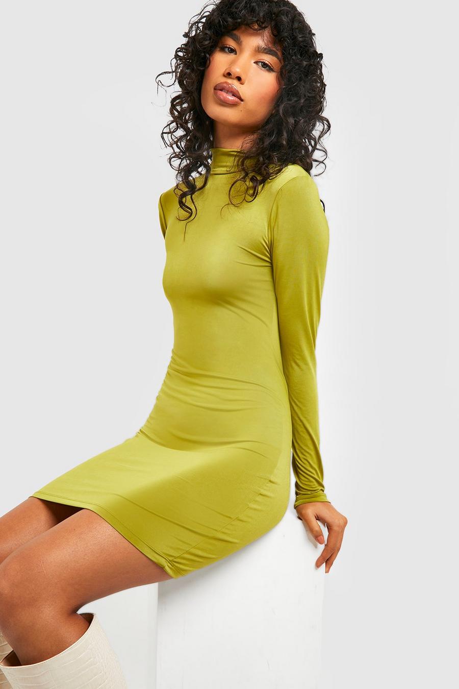 Olive Recycled Slinky High Neck Bodycon Dress image number 1