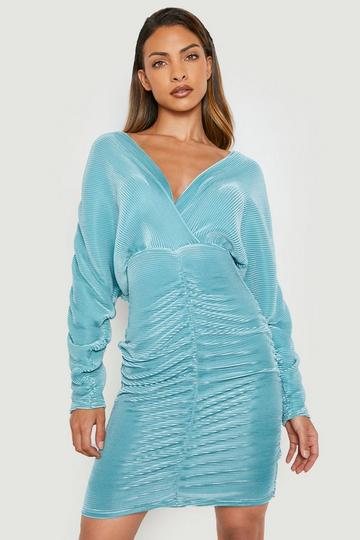 Blue Plisse Ruched Mini Dress