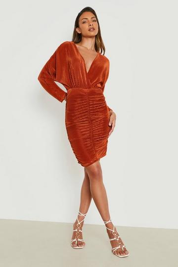 Orange Plisse Ruched Mini Dress