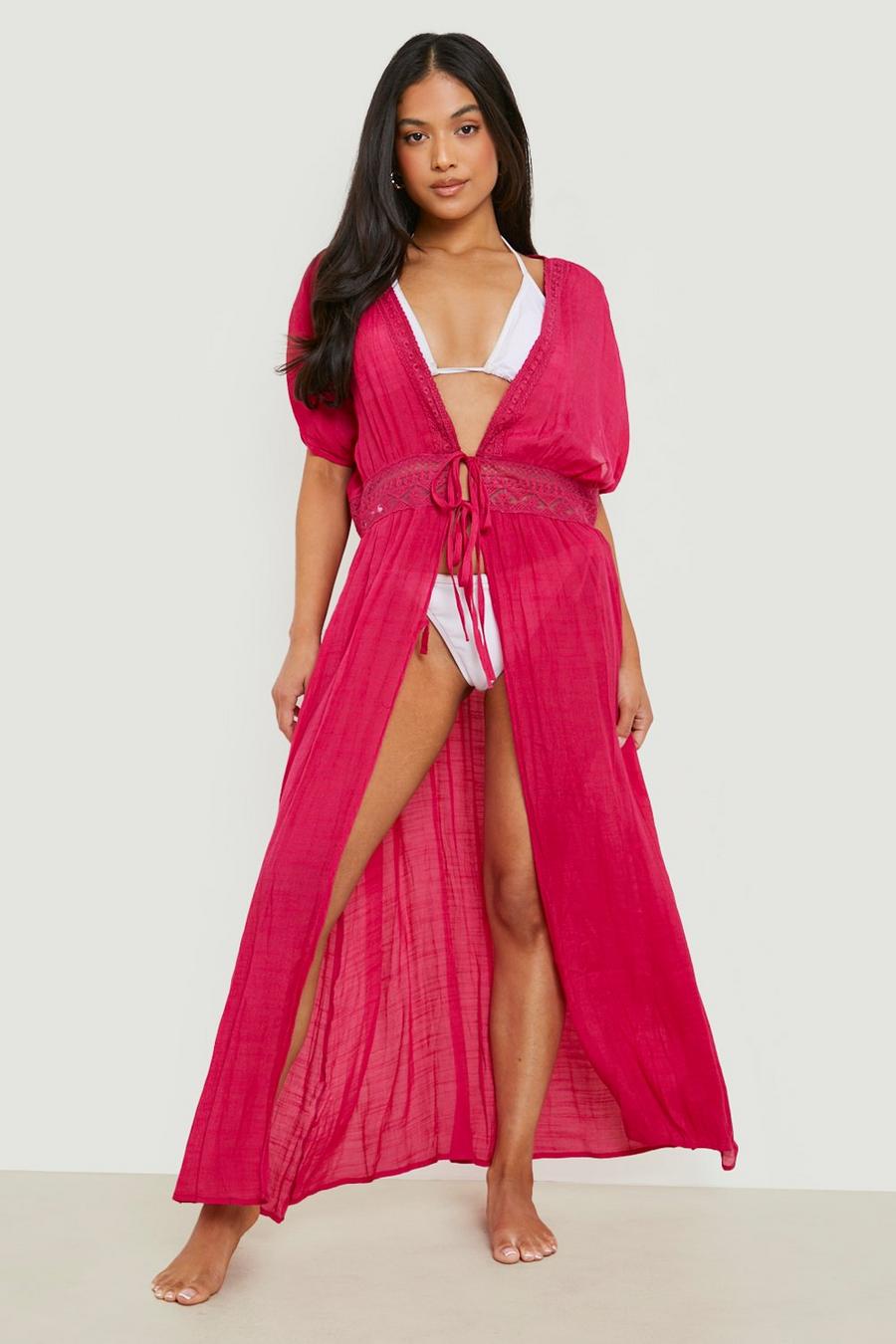Pink Strandklänning med låg urringning och virkade detaljer image number 1