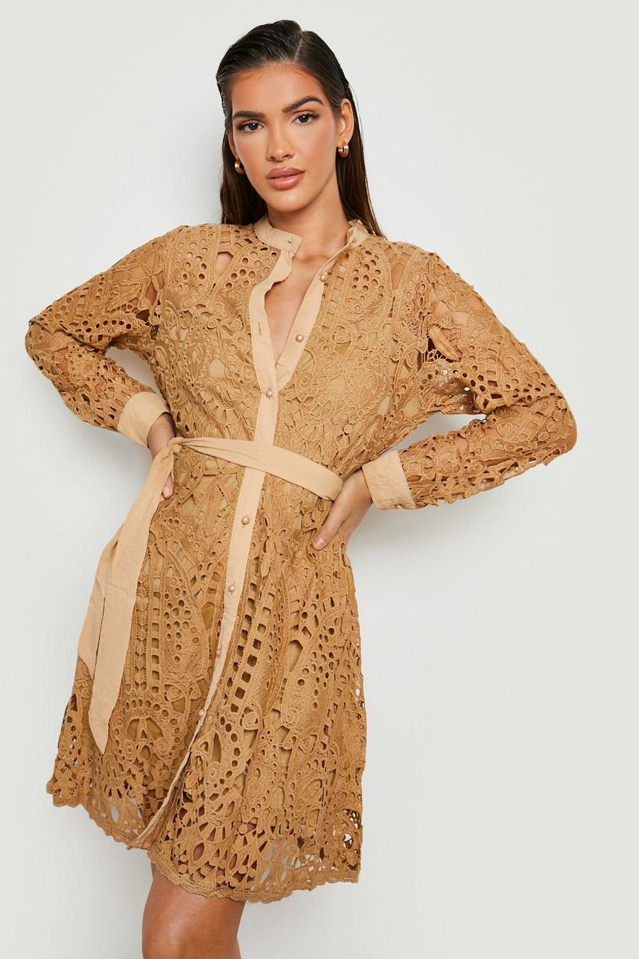 Tan marrone Crochet Belted Button Through Dress