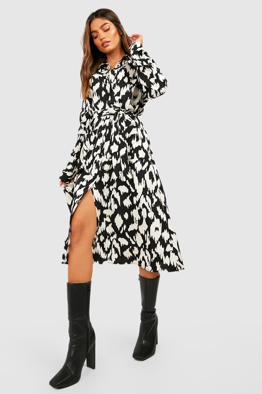 Black Mono Printed Tie Belt Shirt Dress image number 1