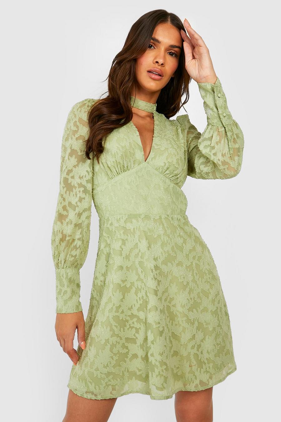 Olive verde Textured Cut Out Plunge Mini Dress image number 1