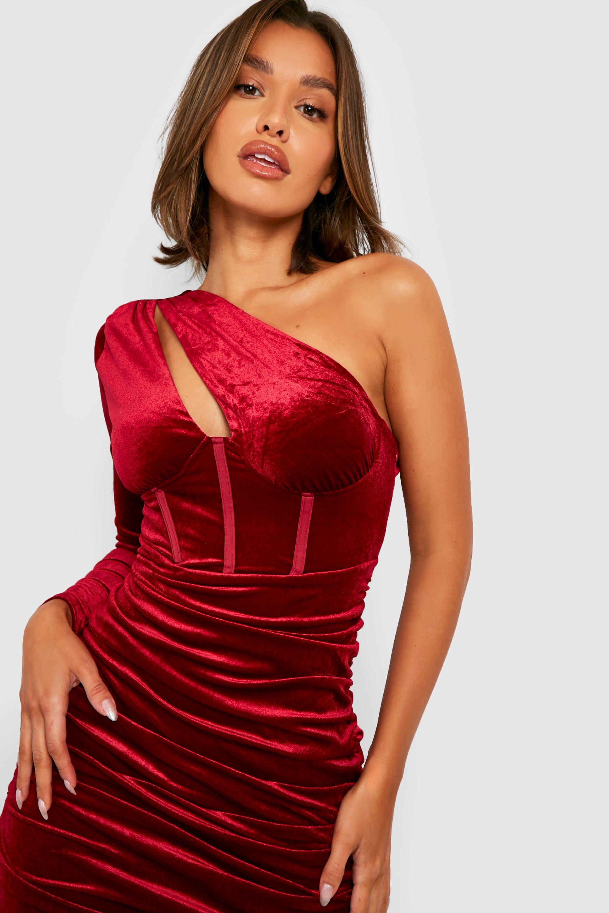 Velvet Corset Detail One Shoulder Mini Dress