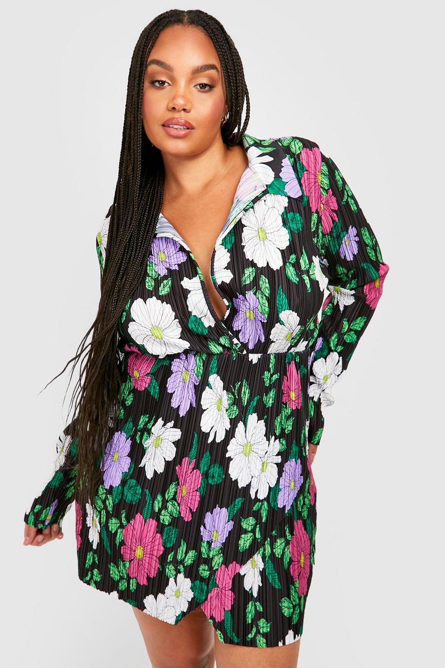 Grande taille - Robe chemise plissée à imprimé fleuri, Black image number 1