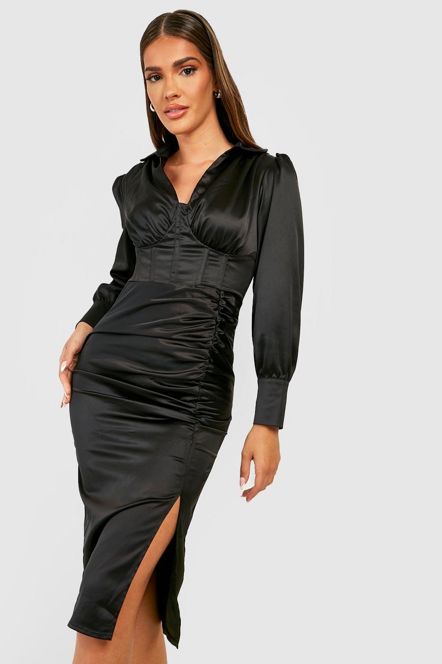Black Satin Corset Puff Sleeve Midi Dress image number 1
