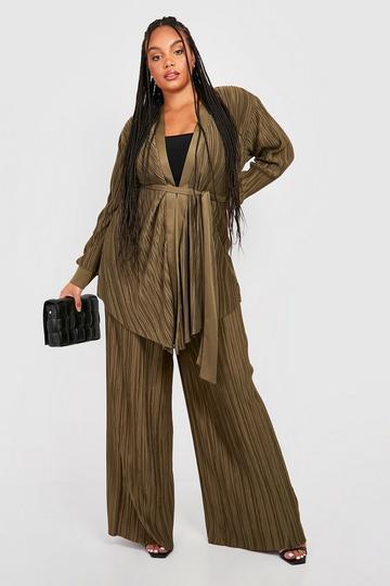 Plus Plisse Wide Leg Pants khaki