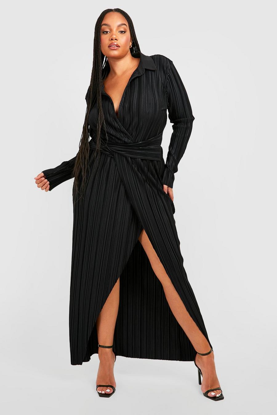 שחור שמלת מקסי פליסה עם פיתול וחגורה, מידות גדולות image number 1