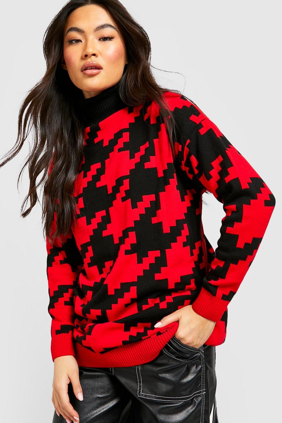 Oversize Rollkragen-Pullover mit Hahnentritt-Print, Red