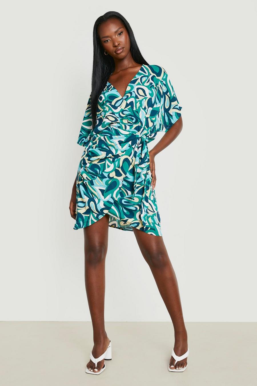 Green Abstract Print Wrap Midi Dress image number 1