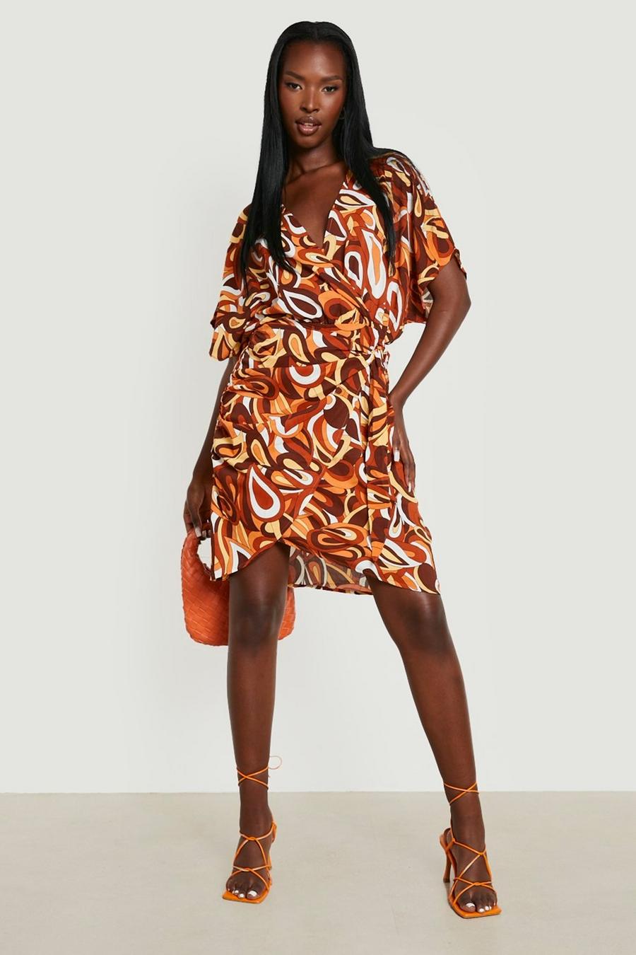 Orange Abstract Print Wrap Midi Dress image number 1