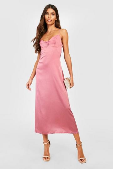 Pink Satin Cup Detail Midi Slip Dress