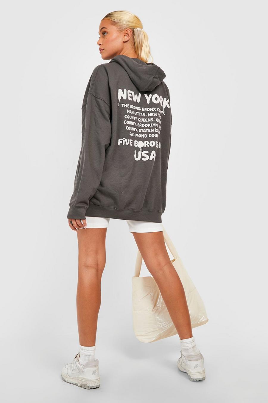 Sudadera oversize con capucha y eslogan de New York, Charcoal grigio