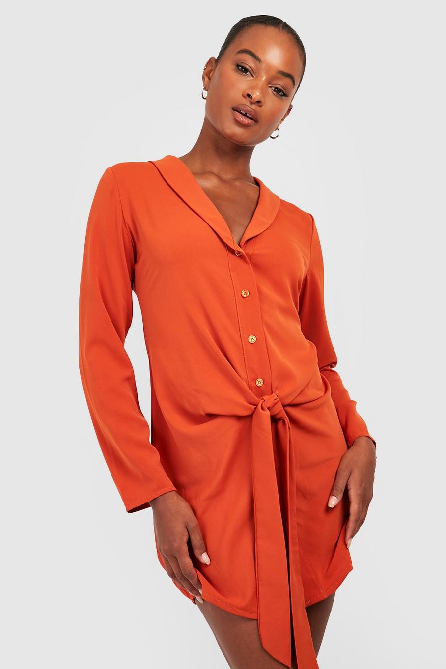 Rust Tall Tie Front Revere Collar Shirt Dress image number 1