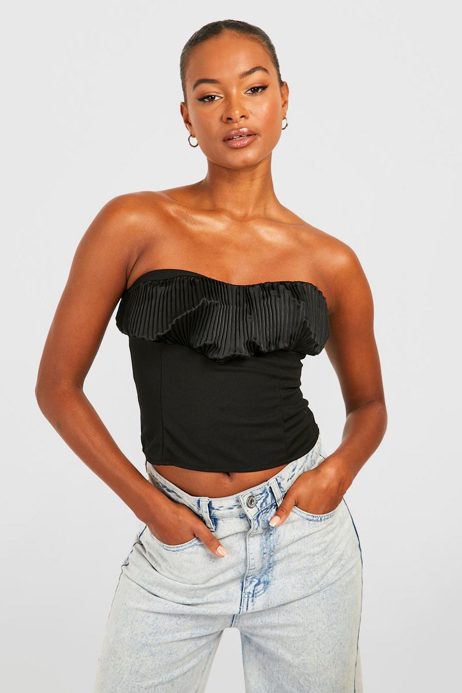 Black Tall Pleated Satin Contrast Corset Top image number 1