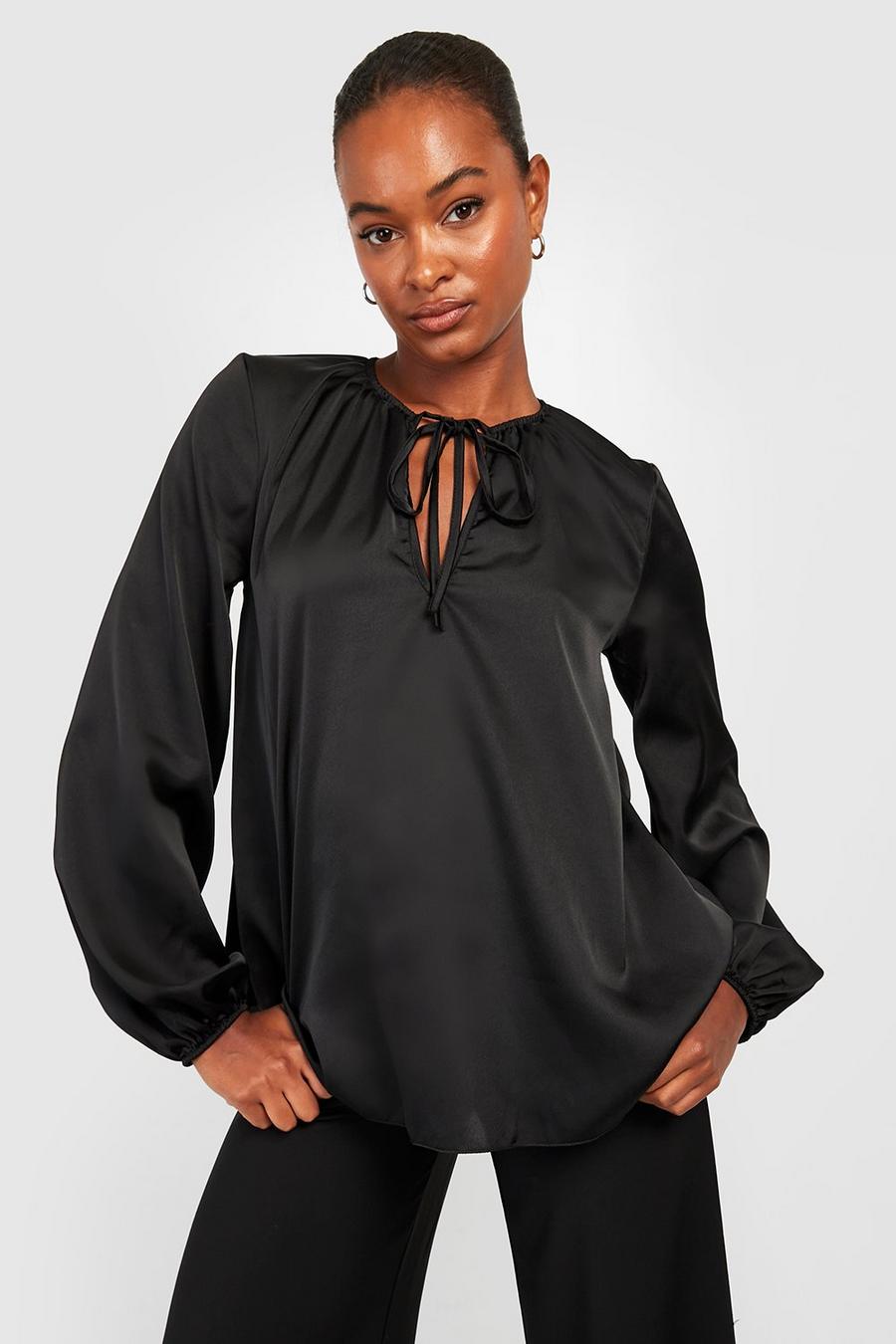 Black Tall Plunge Front Balloon Sleeve Satin Blouse image number 1