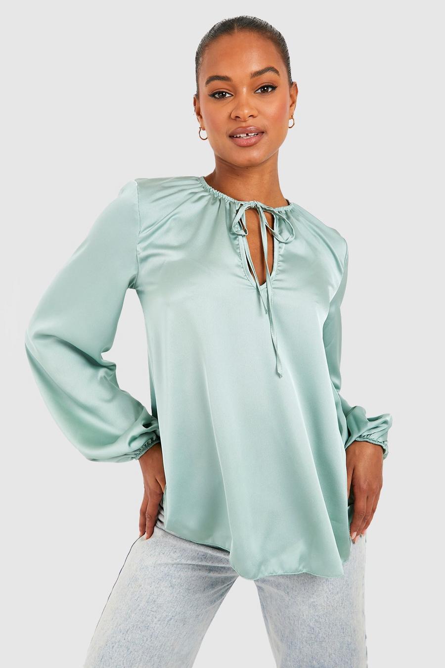 Sage green Tall Plunge Front Balloon Sleeve Satin Blouse image number 1