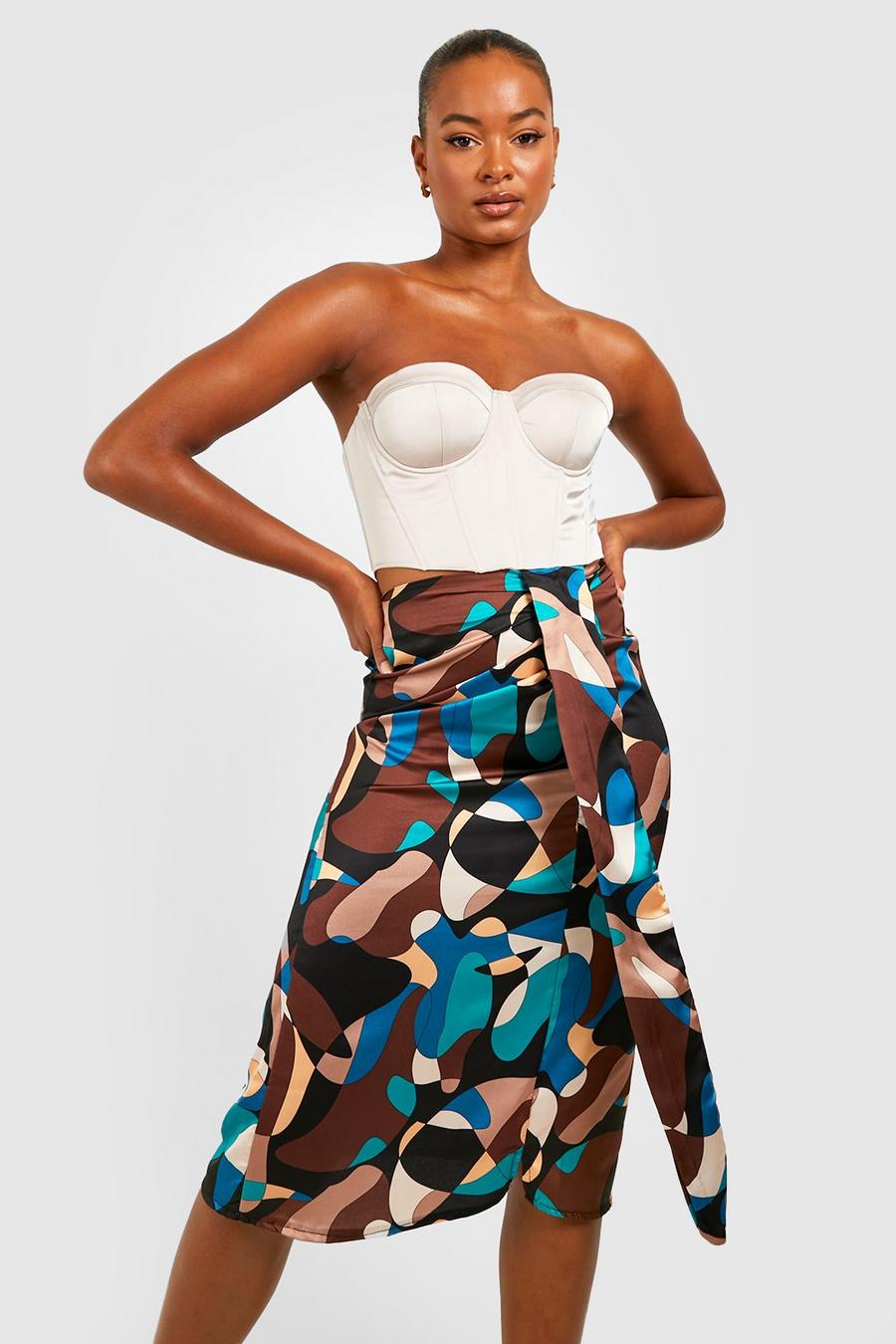 Black Tall Abstract Printed Satin Tie Front Skirt image number 1