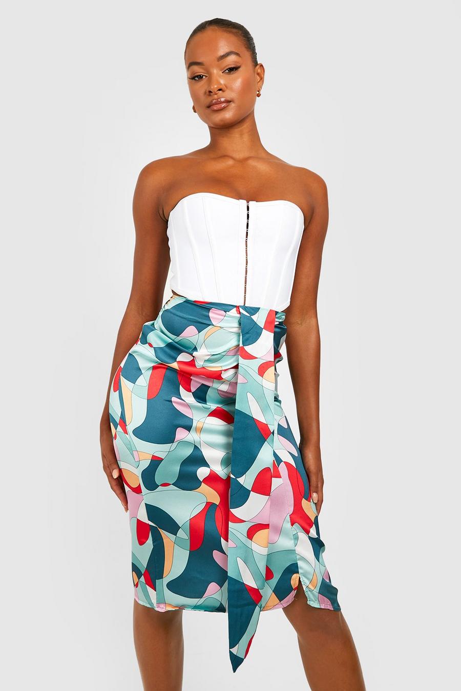 Blush pink Tall Abstract Printed Satin Tie Front Skirt